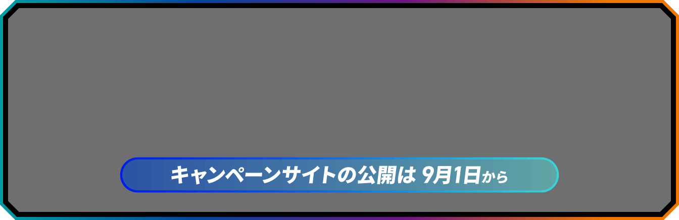 応募者全員にもれなくプレゼント！5,000円分えらべるPayでキャッシュバックキャンペーン中！（キャンペーンの公開は9月1日から！）