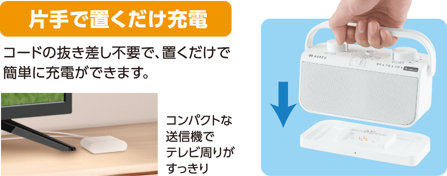 片手で置くだけ充電 | コードの抜き差し不要で、置くだけで簡単に充電ができます。